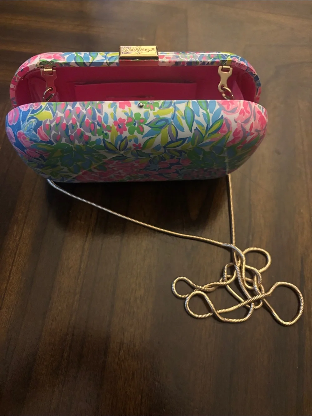 Lilly Pulitzer Floral Printed Pink Green Blue Clutch with Gold Chain